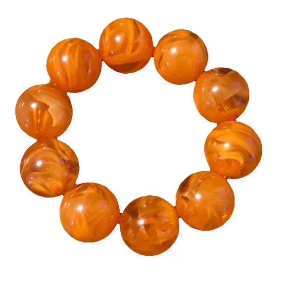 Pair Womens Bracelets Large Marble Beads Stretch Band Yellow Orange - Picture 4 of 5